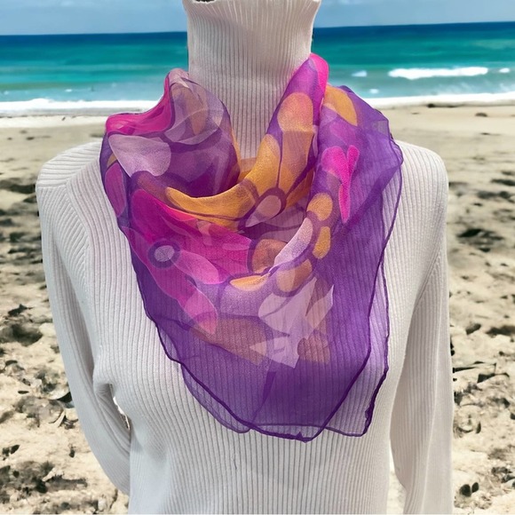 Vintage Accessories - Vintage MCM Scarf Retro Colorful Sheer Chiffon Square Neckerchief